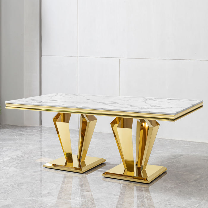 79.53 In. Elegant Marble Pattern Dining Table For 6 Or 8 Seats Polished Stainless Steel Base - Gold