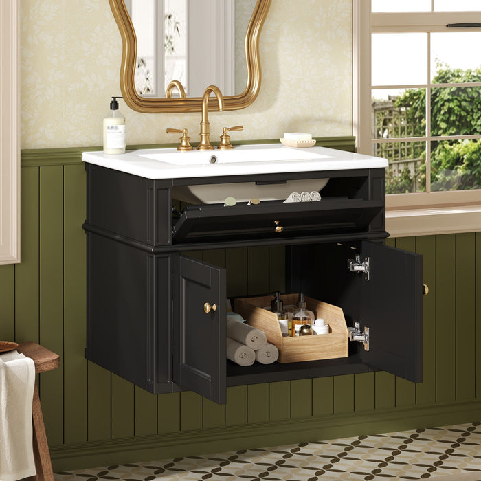 Wall Mounted Bathroom Vanity With Tip Out Drawer And Open Back Design