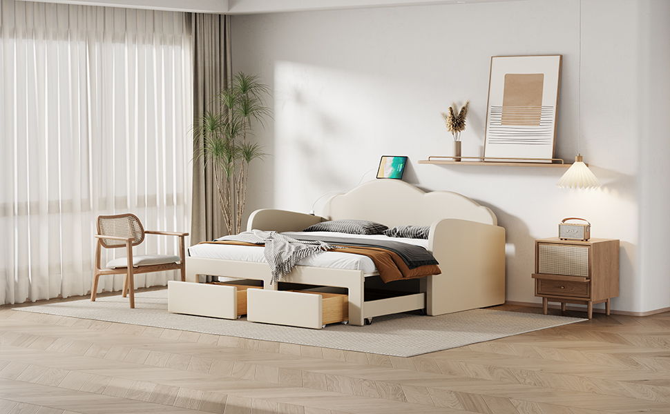 Upholstered Daybed With Cloud-Shaped Backrest, Trundle & 2 Drawers And USB Ports