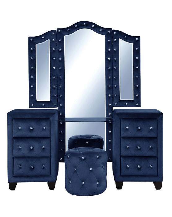 Maya Crystal Tufted Queen 4 Pieces Vanity Bedroom Set Made With Wood In Blue