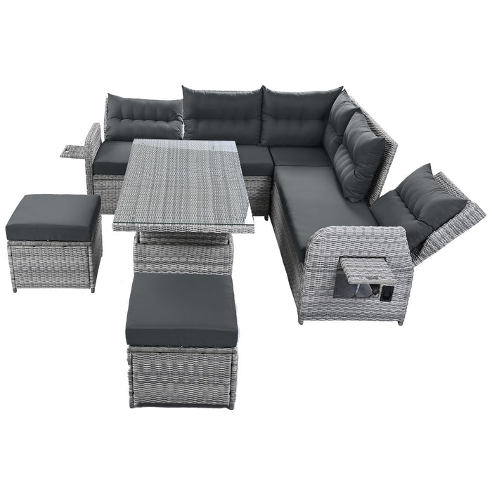 Outdoor Furniture Set Patio Rattan Furniture Set With Adjustable Table, Recliners With Extendable Side Tables And 2 Ottomans