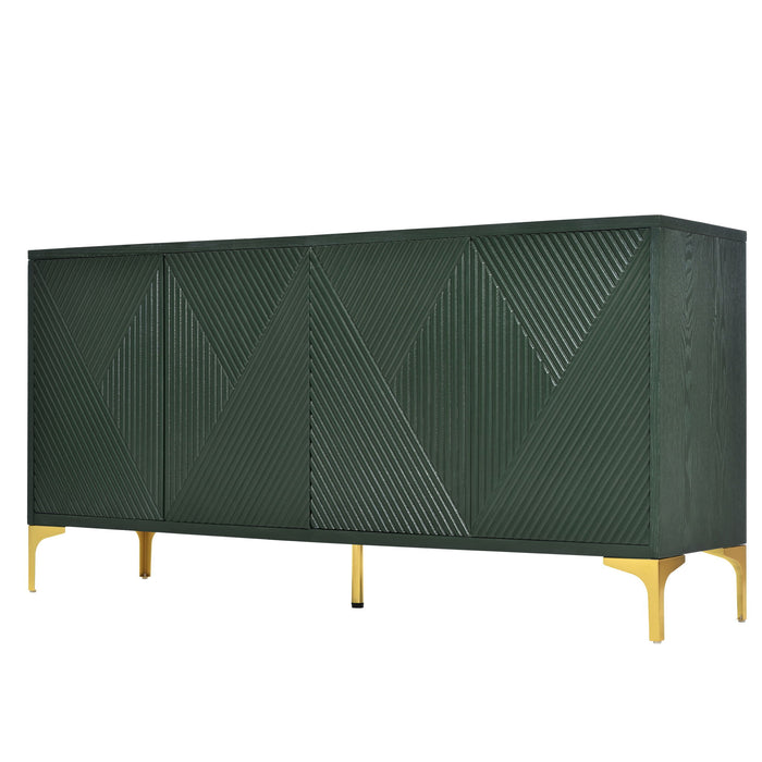 Modern Wood Sideboard Cabinet With Carved Door Panels, Adjustable Shelves, And Sturdy Metal Legs