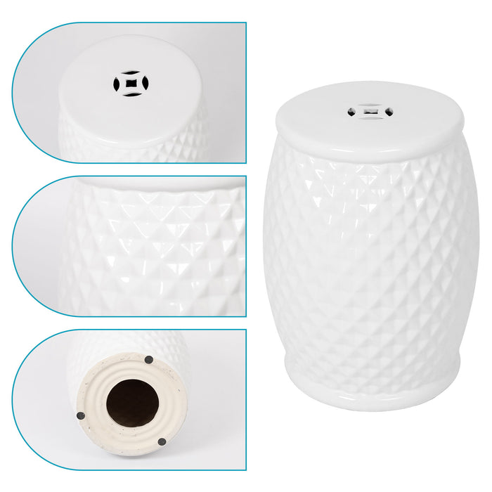 Glazed Ceramic Drum Stool Indoor / Outdoor Side Table Ceramic - White