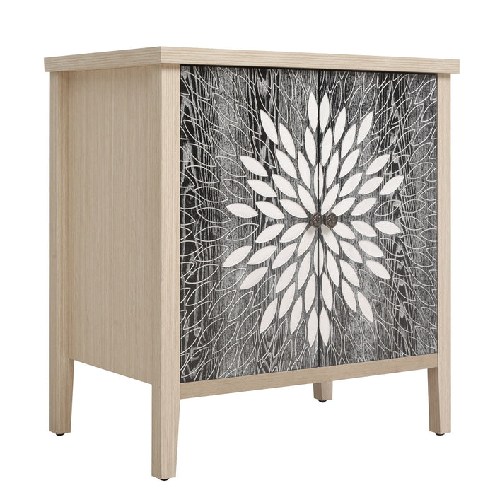 2 Door Carved Storage Cabinet With Adjustable Shelf, Accent Furniture