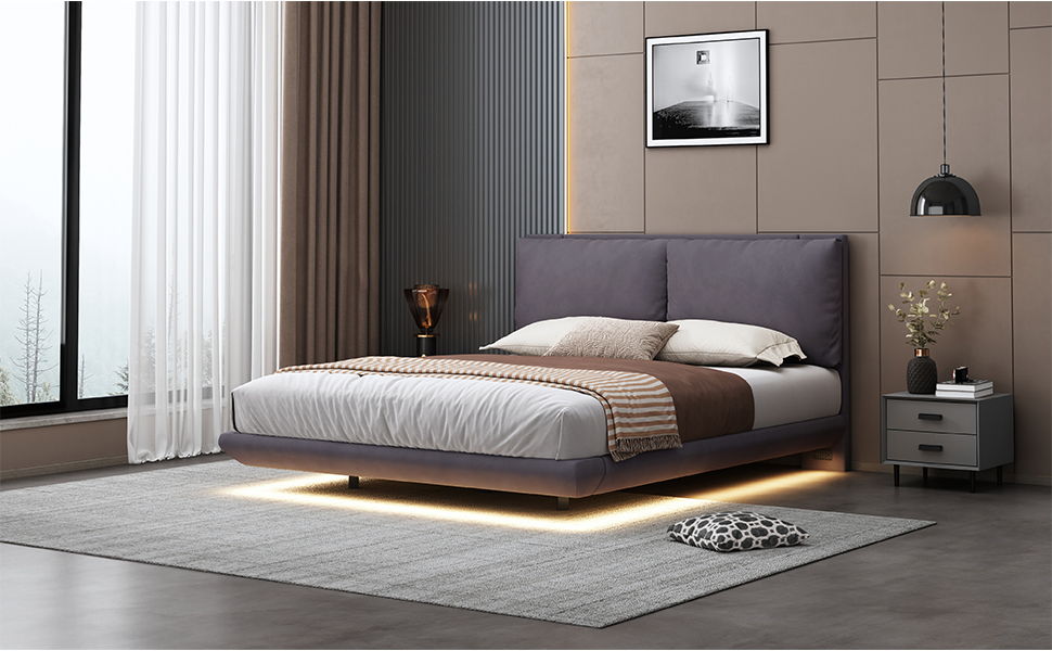 Upholstered Platform Bed With Sensor Light And 2 Large Backrests, With 2 Sets Of USB Port And Socket On Each Rear Bed Leg