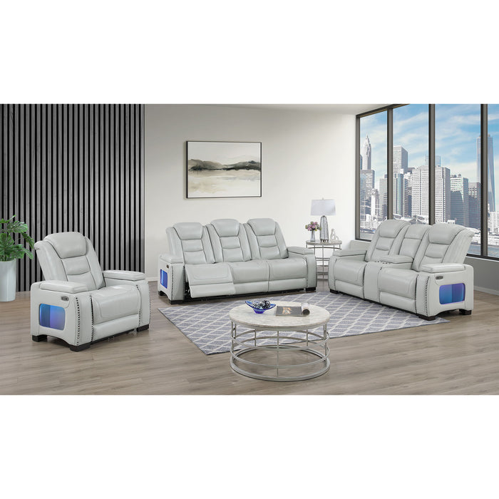 Power Console Loveseat With Power Headrest USB LED And Bookshelf Arms - Gray