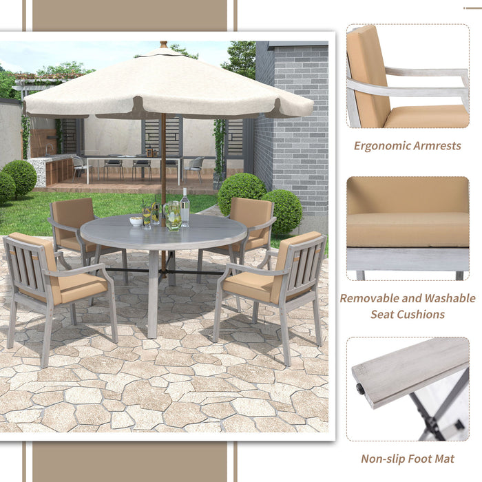 Outdoor Wooden Dinning Set With An Umbrella Hole And Removable Cushions For Patio