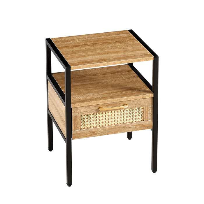 Rattan End Table With Drawer, Modern Nightstand, Metal Legs, Side Table For Living Room, Bedroom, Natural