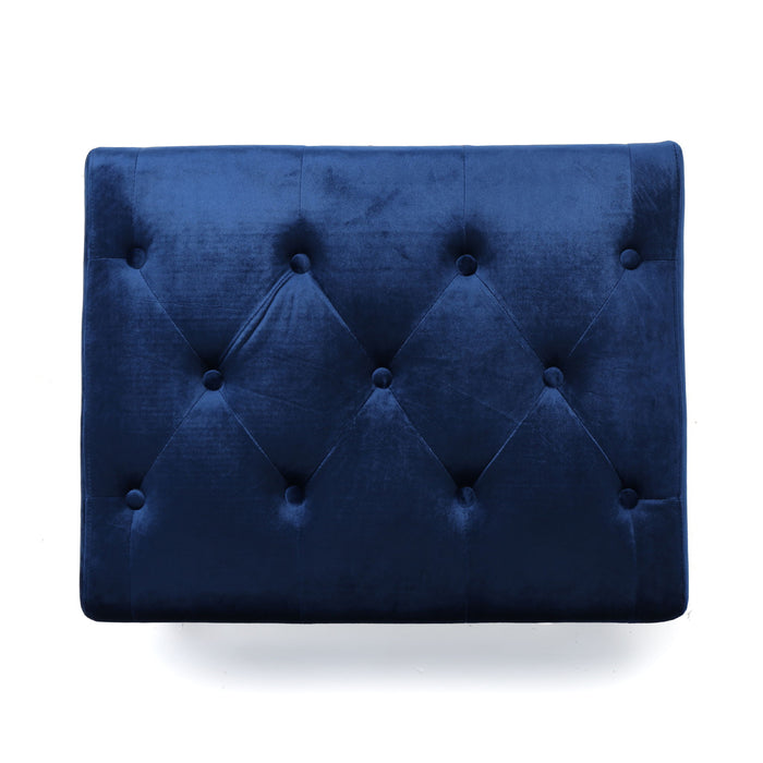 Mid Century Ottoman Velvet With Button Tufting With Birch Wood Legs - Navy Blue