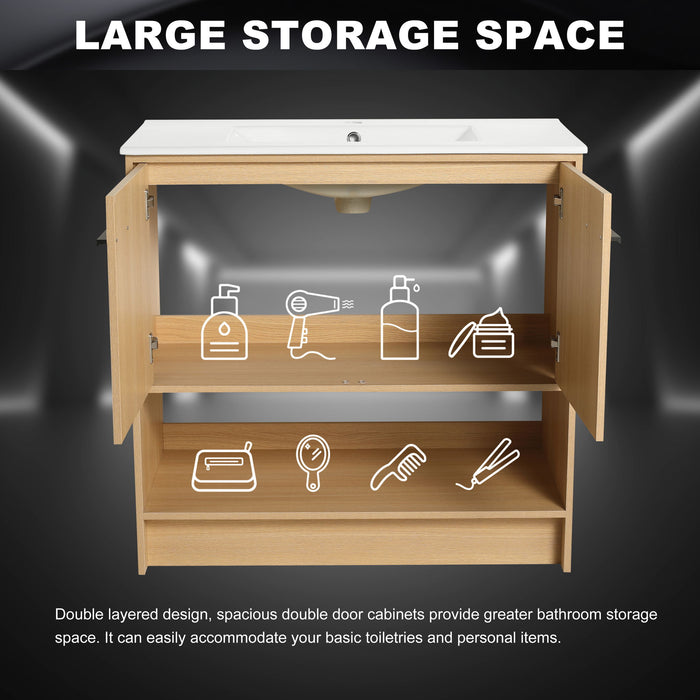 Modern Bathroom Vanity With Ceramic Sink, Freestanding Cabinet, Soft Closing Doors