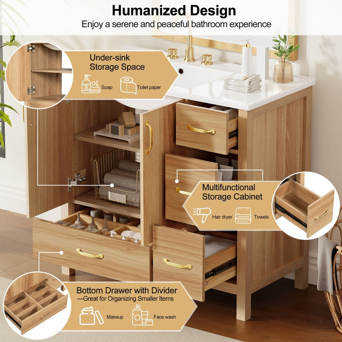 Bathroom Vanity, 2 Soft Close Doors, 4 Soft Close Drawers, Adjustable Shelf, Storage Cabinet - Acacia Wood