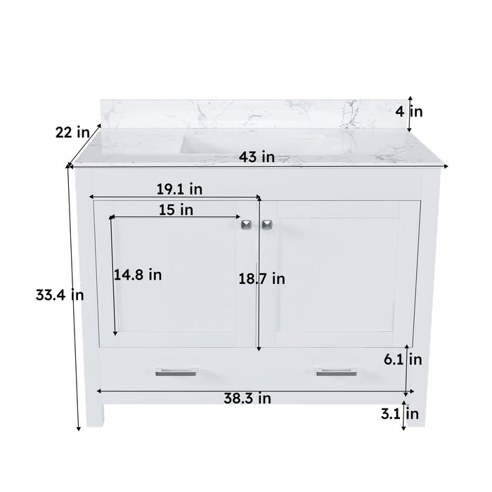 43" Bathroom Vanity With Artificial Marble Carrara Top Set, Multi Functional Cabinet With Doors And Drawer - White