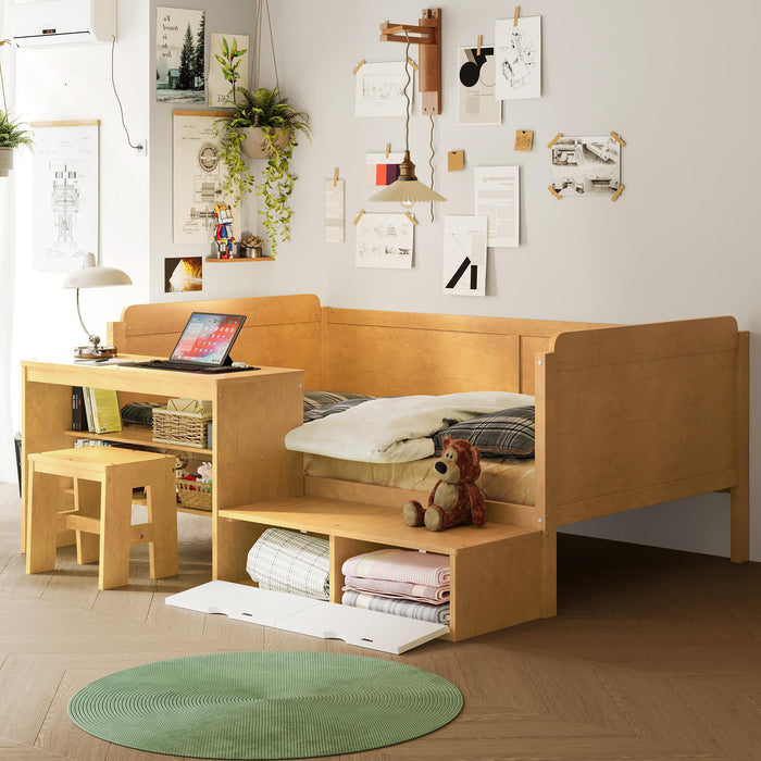 Daybed With Storage Shelves And Lockers, Multi Functional Bed With Study Desk And Matching Stool
