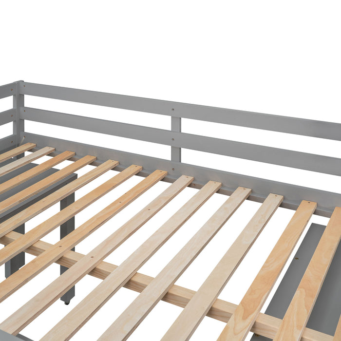 Loft Low Study Bed With Cabinet, Shelves And Rolling Portable Desk, Multiple Functions