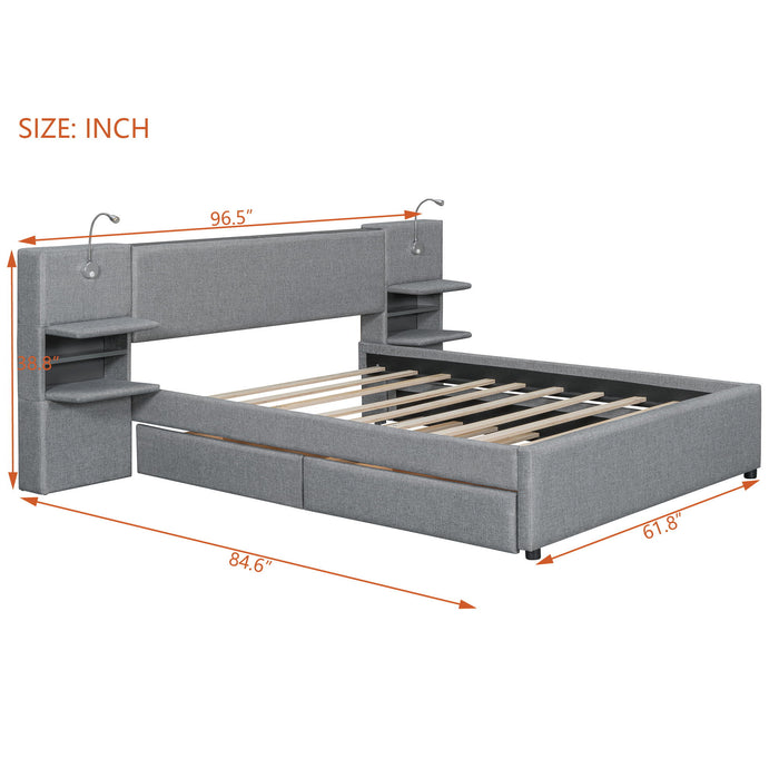 Upholstered Platform Bed With Reading Lights, Drawers, Trundle And Shelves