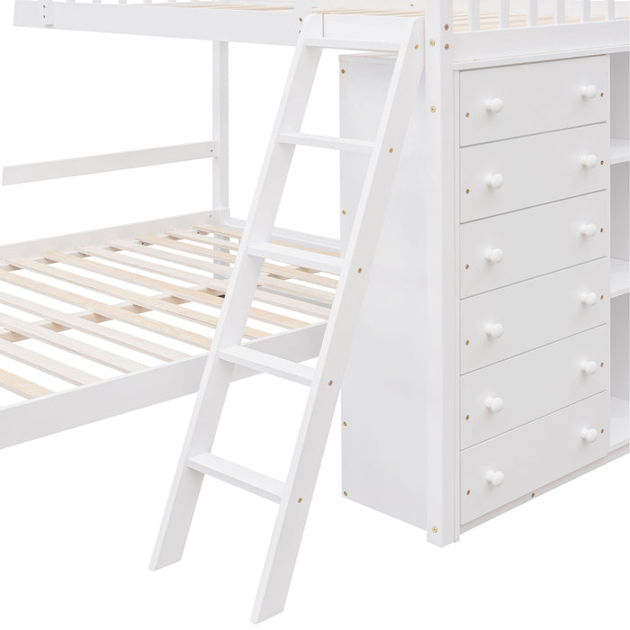 Bunk Bed With 6 Drawers And Flexible Shelves, Bottom Bed With Wheels