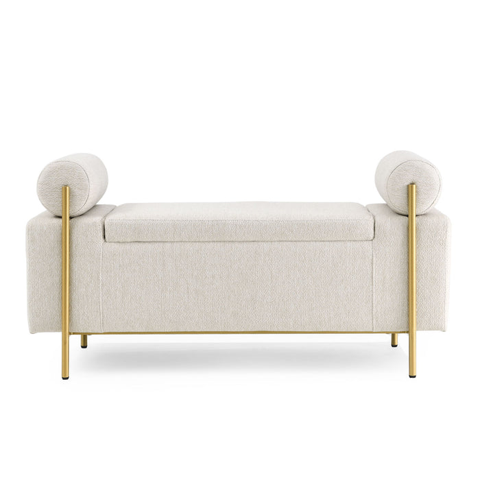Elegant Upholstered Linen Storage Bench With Cylindrical Arms And Iron Legs, White