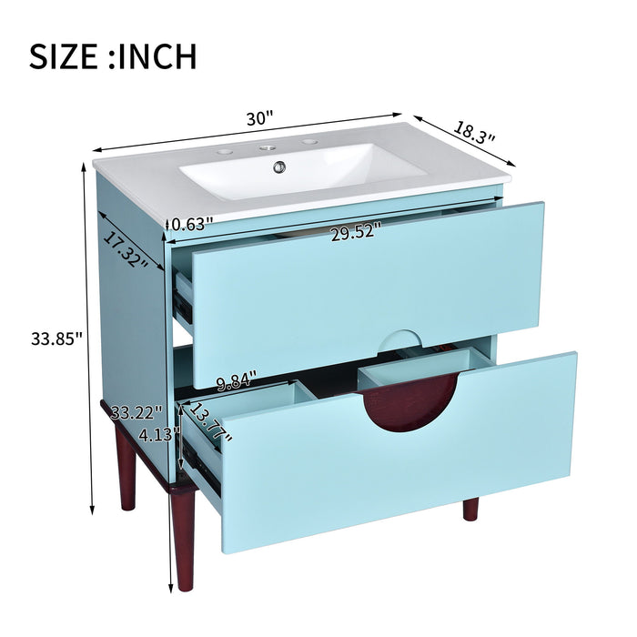 Bathroom Vanity Cabinet With Ceramic Sink Combo Set, Frame Modern Bathroom Storage Cabinet With 2 Drawers - Blue