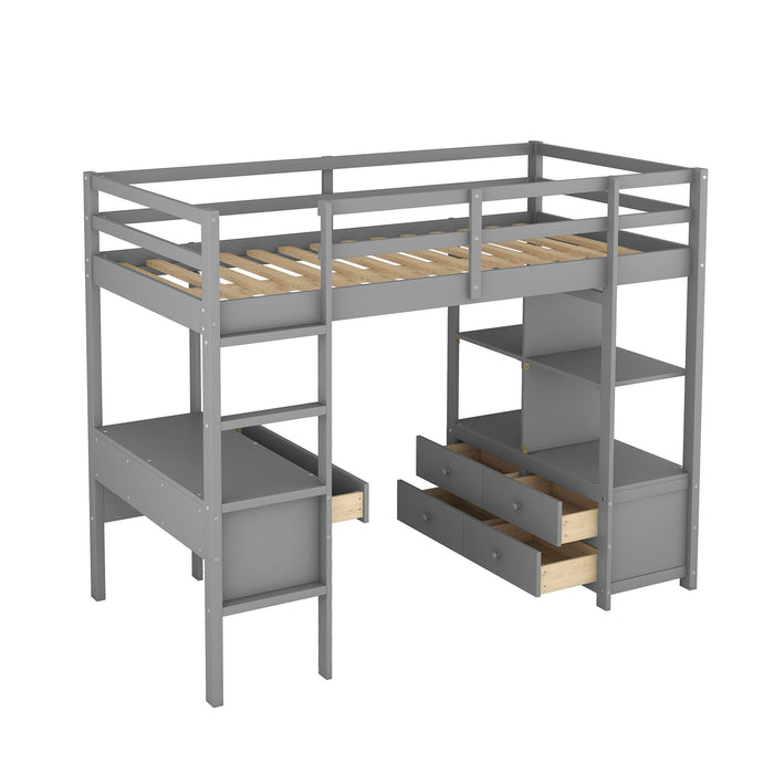 Twin Size Lo Feet Bed With Built-In Desk With Two Drawers, And Storage Shelves And Drawers, Gray