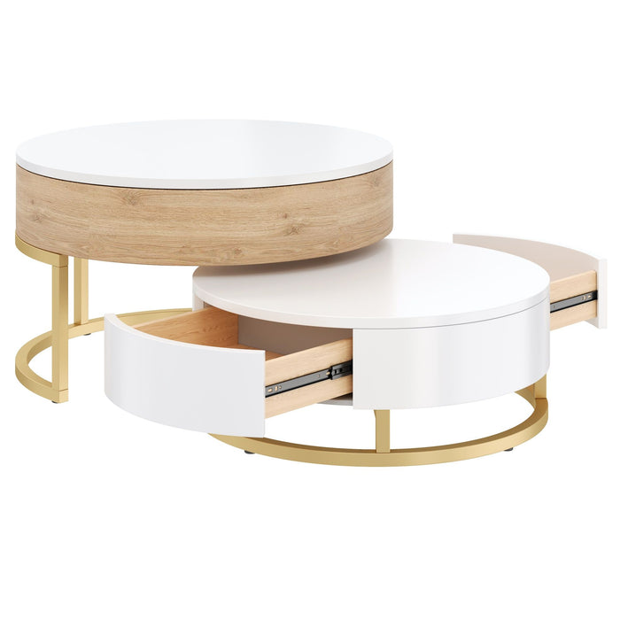 Modern Round Lift-Top Nesting Coffee Tables With 2 Drawers