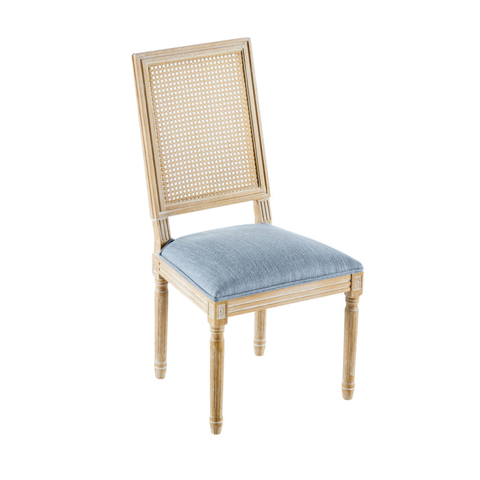 French Country Dining Chair With Rectangular Cane Backrest And Smooth Upholstered Seating
