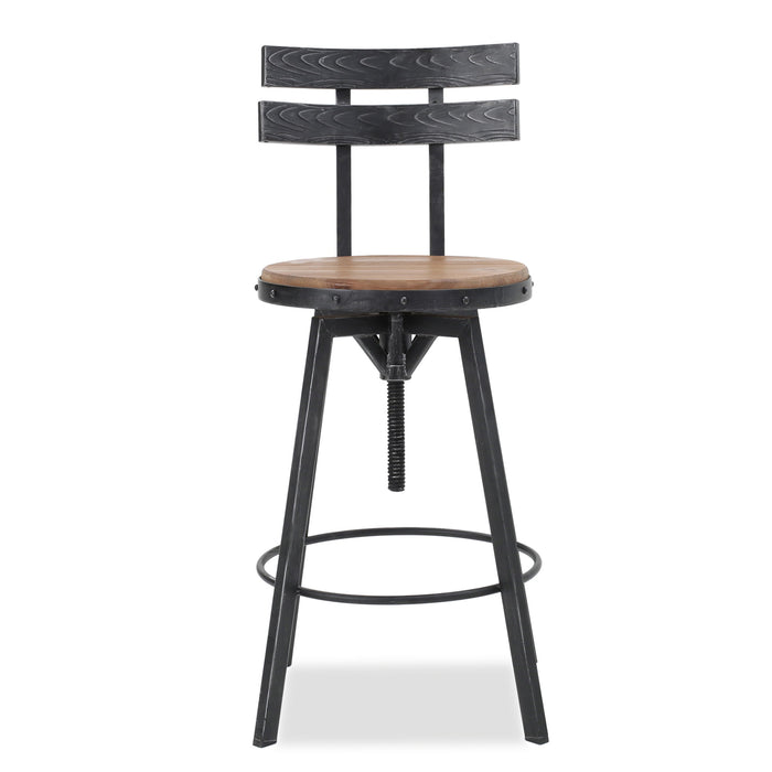 Rustic Metal Barstool With Wooden Seat - Black Brush Silver