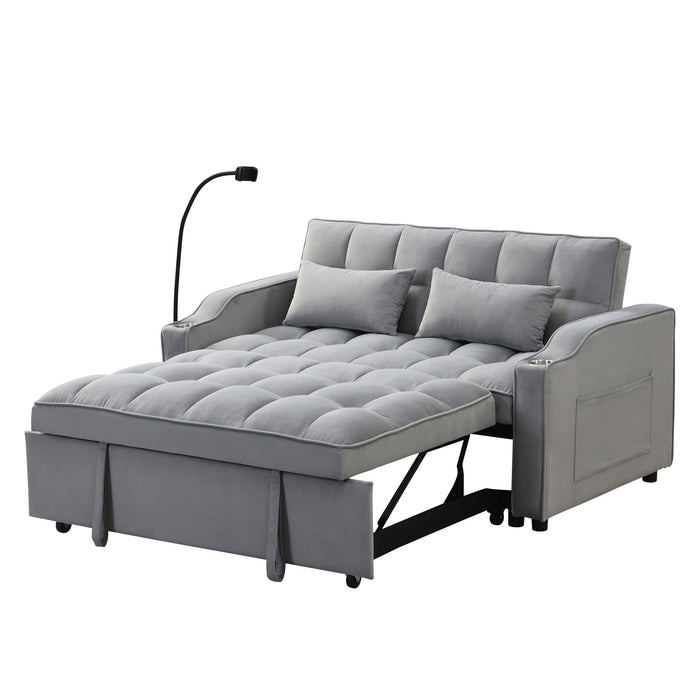 Modern Velvet Loveseat With Pullout Bed, Adjustable Reclining Backrest