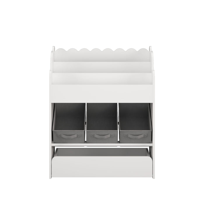 Bookshelf With Storage Bins And Drawer, Multi Functional Book Organizer For Toddlers - White