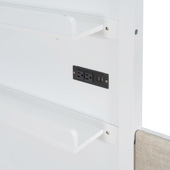 House Bed With Upholstered Sofa, Wireless Charging Station, Shelves And 2 Drawers