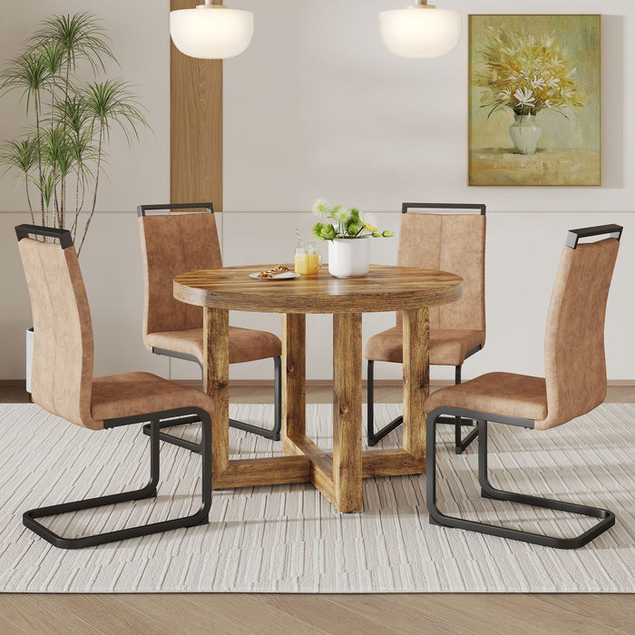 A Modern And Practical Circular Dining Table. Made Of MDF Tabletop And Wooden MDF Table Legs. 4 Piece Technology Cloth High Backrest Cushion Side Chair, C-Shaped Tube Black Metal Legs