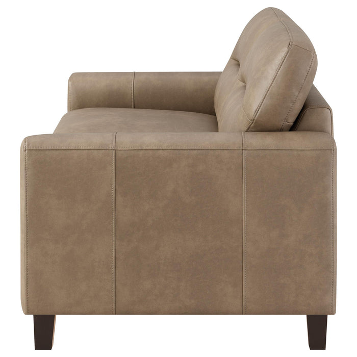 Scotland Faux Leather Upholstered Track Arm Loveseat Brown
