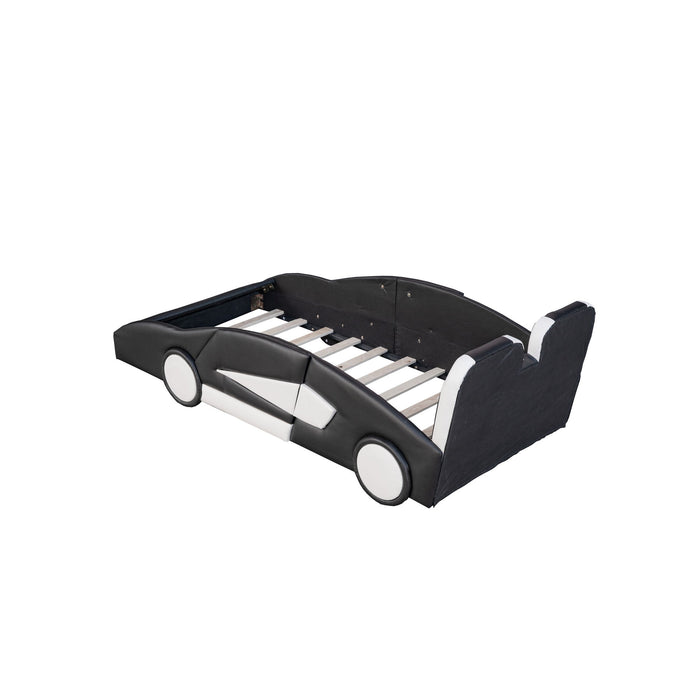 Race Car Shaped Twin Platform Bed With Wheels, Pine Wood Construction
