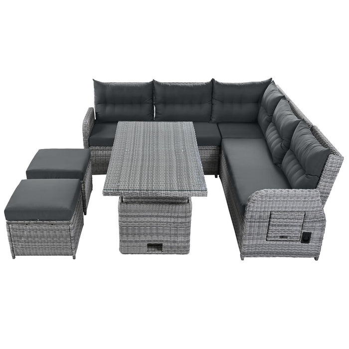 Outdoor Furniture Set Patio Rattan Furniture Set With Adjustable Table, Recliners With Extendable Side Tables And 2 Ottomans
