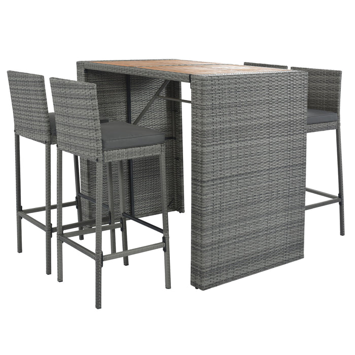 5 Pieces Outdoor Patio Wicker Bar Set, Bar Height Chairs With Non-Slip Feet And Fixed Rope, Removable Cushion, Acacia Wood Table Top - Brown / Gray