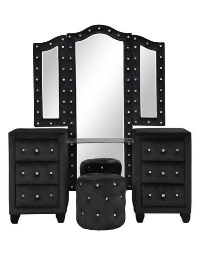 Hazel Queen 4 Pieces Vanity Bedroom Set Made With Wood In Black Color