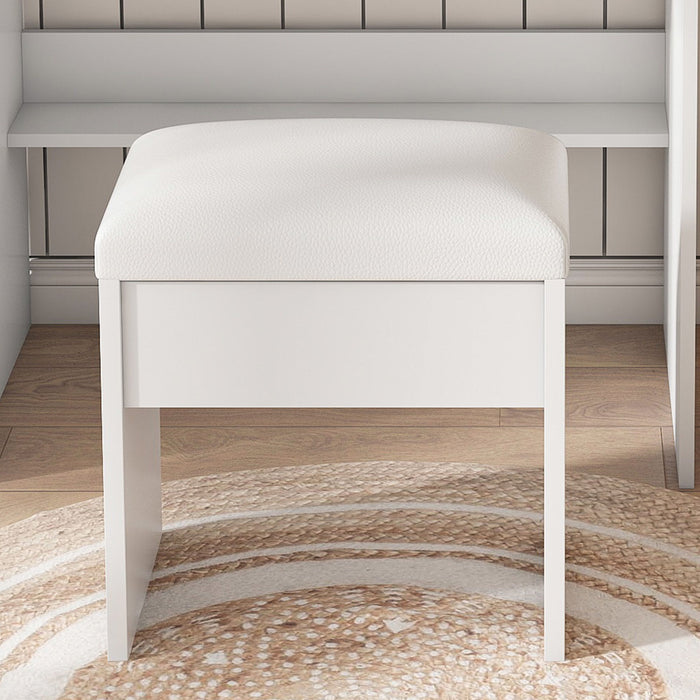 Vanity Table With Mirror, Adjustable LED Lights, Power Outlet, Hairdryer Holder & Stool