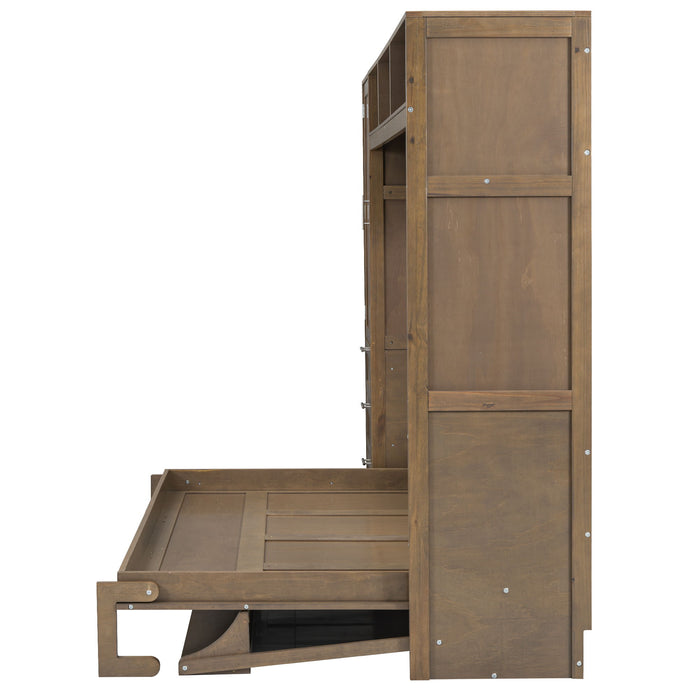 Full Size Murphy Bed With Wardrobe, Drawers, And Open Shelves - Wood