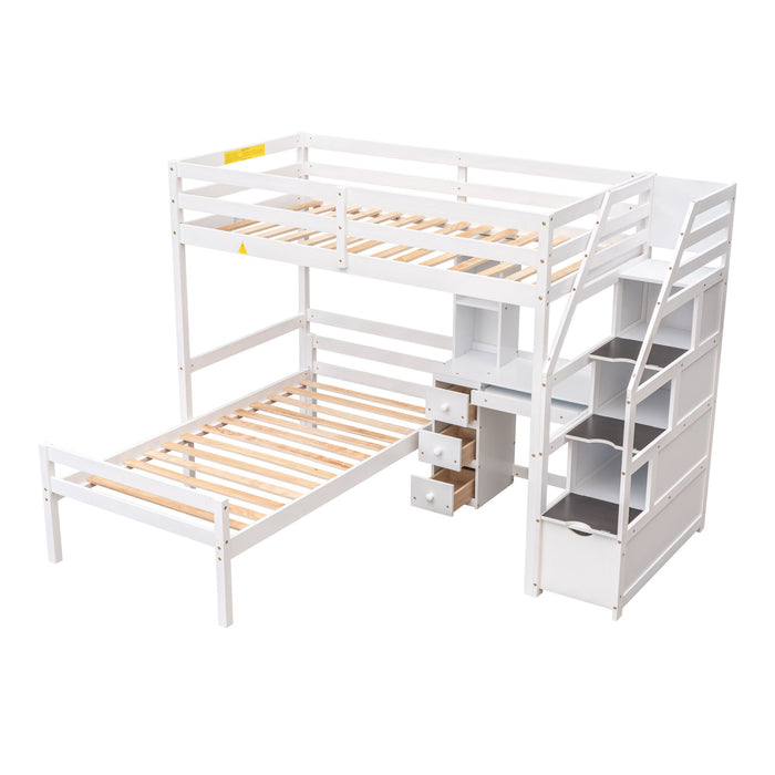 Loft Bed With Stand Alone Bed, Storage Staircase, Desk, Shelves, And Drawers
