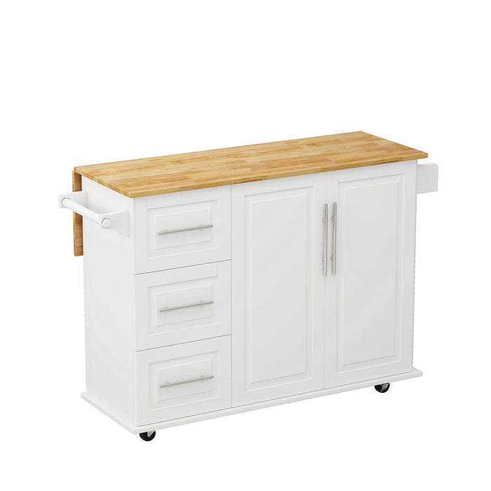 Kitchen Island Cart With 2 Door Cabinet, 3 Drawers, Spice Rack & Towel Rack - White
