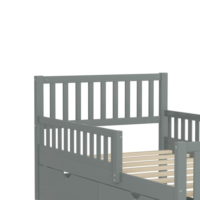Platform Bed With Guardrails On Both Sides And 2 Storage Drawers