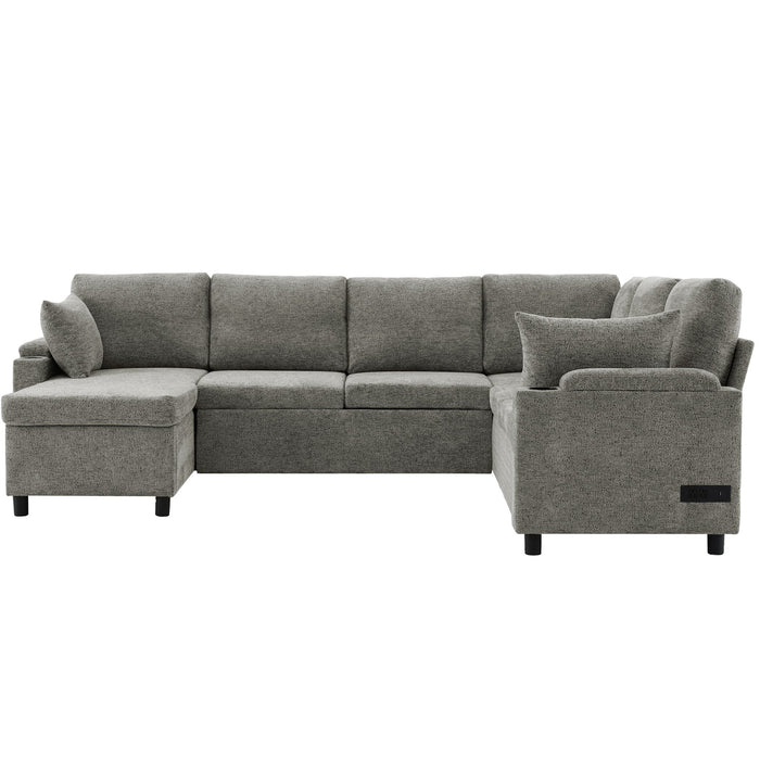 U-Shaped Sectional Sleeper Sofa With Ample Storage Space, 2 Cup Holders And Charging Ports For Living Room