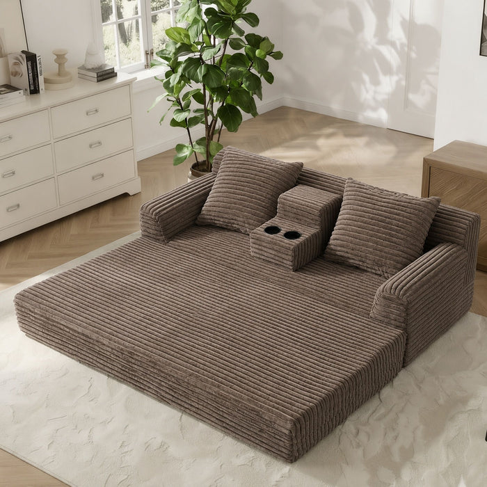 Soft Striped Convertible Sofa Bed, Dual Use Lounge Couch With Cup Holders And Pillows