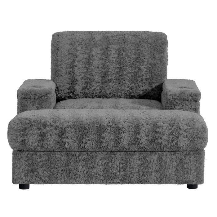 Oversized Chaise Lounge Indoor Rabbit Fur Sofa Bed With Storage Ottoman And Armrests Cup Holders With Deep Seat