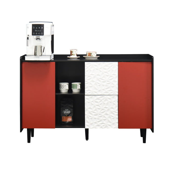 Modern Sideboard Buffet Cabinet With Red Doors And Unique Panel Styling