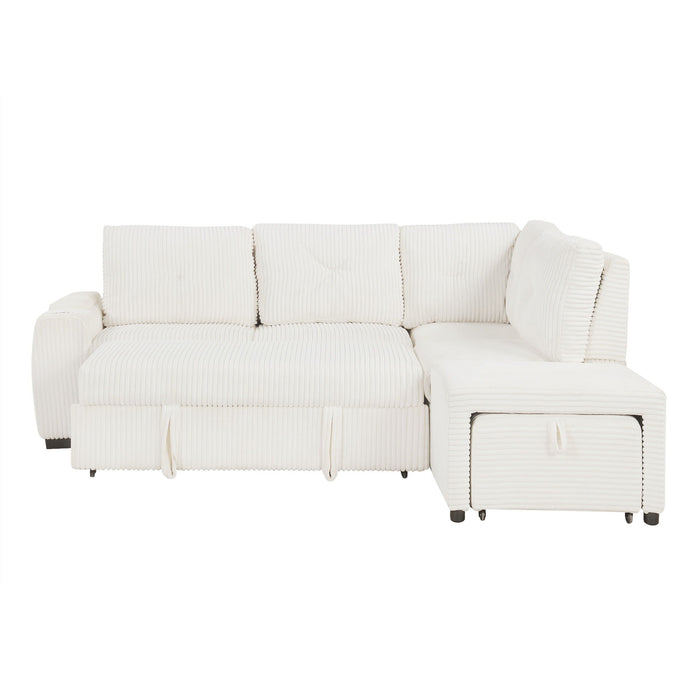 Pull-Out L-Shaped Sectional Sofa With Movable Ottoman And Stool, Large Storage Space, A Cup Holder, And 2 USB Ports For Living Room