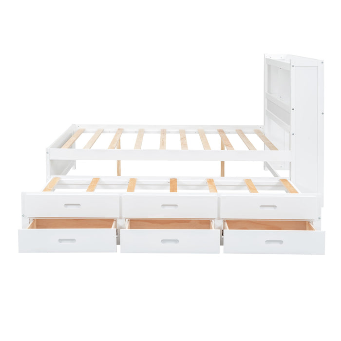 Full Size Platform Bed With Trundle, Drawers, USB Ports And Built In Shelves - White