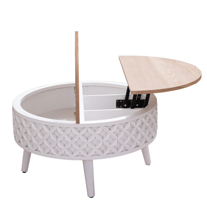 Round Coffee Table With Storage - White / Light Oak