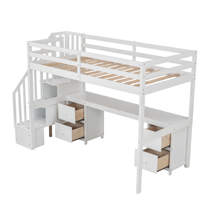 Loft Bed Frame With Built In Desk And Double Storage Drawers