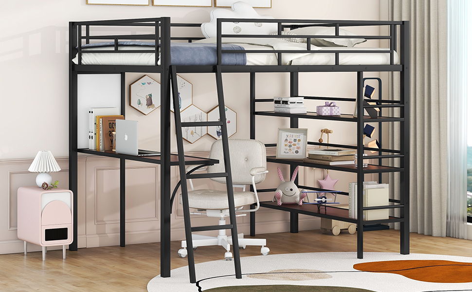 Bed With 3 Layers Of Shelves And Desk, Stylish Frame Bed