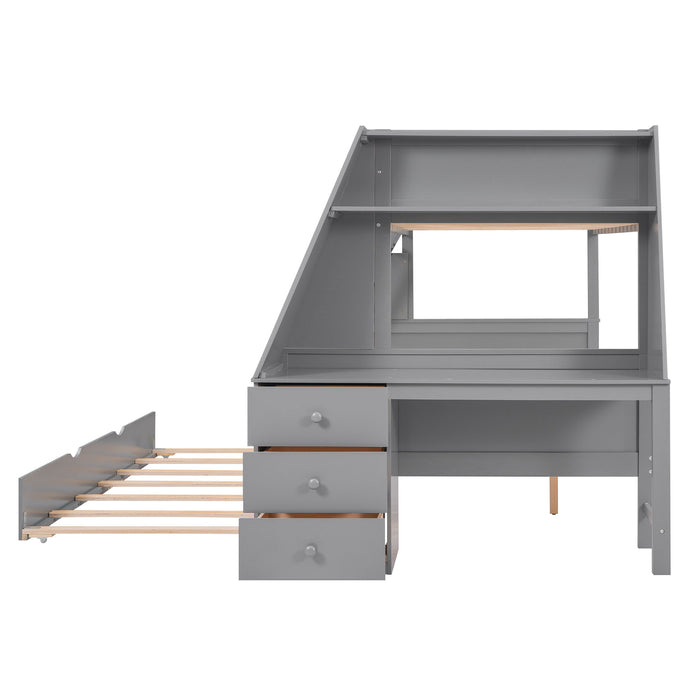 Bunk Bed With Trundle And Built In Desk, 3 Storage Drawers And Shelf